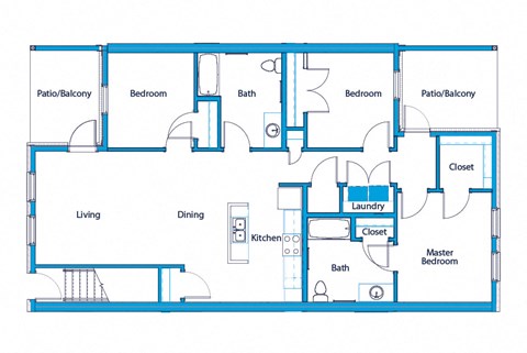 Floor plan for 3 beds, 2 baths, 1302 sqft